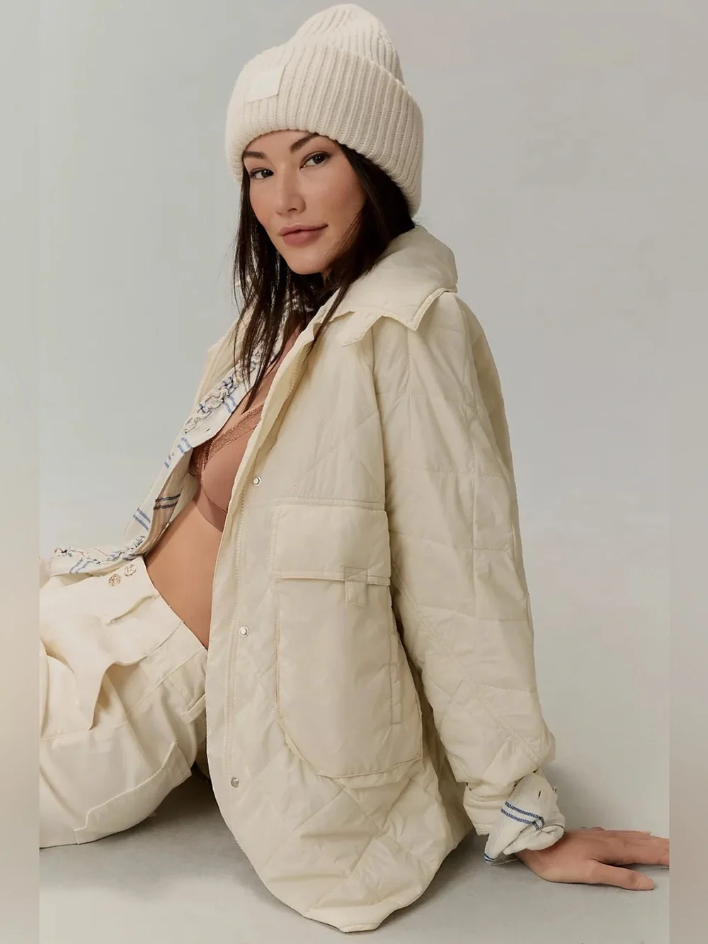 By Anthropologie Lightweight Quilted Shacket Jacket Cream S_11